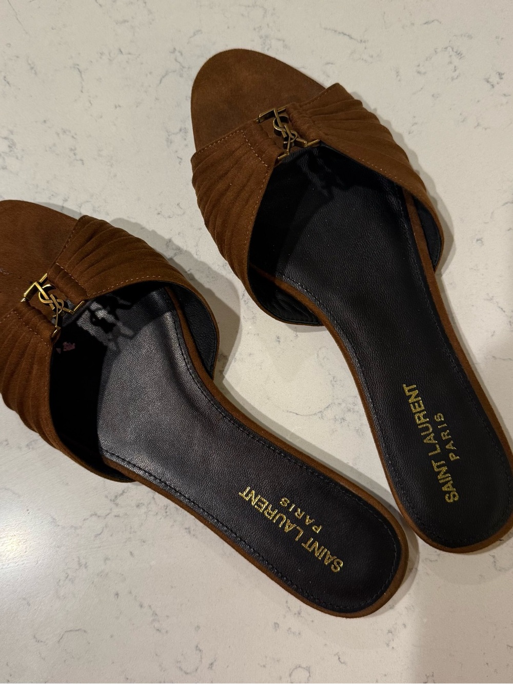 Saint Laurent Brown Suede Slide Mules with Gold YSL Accent